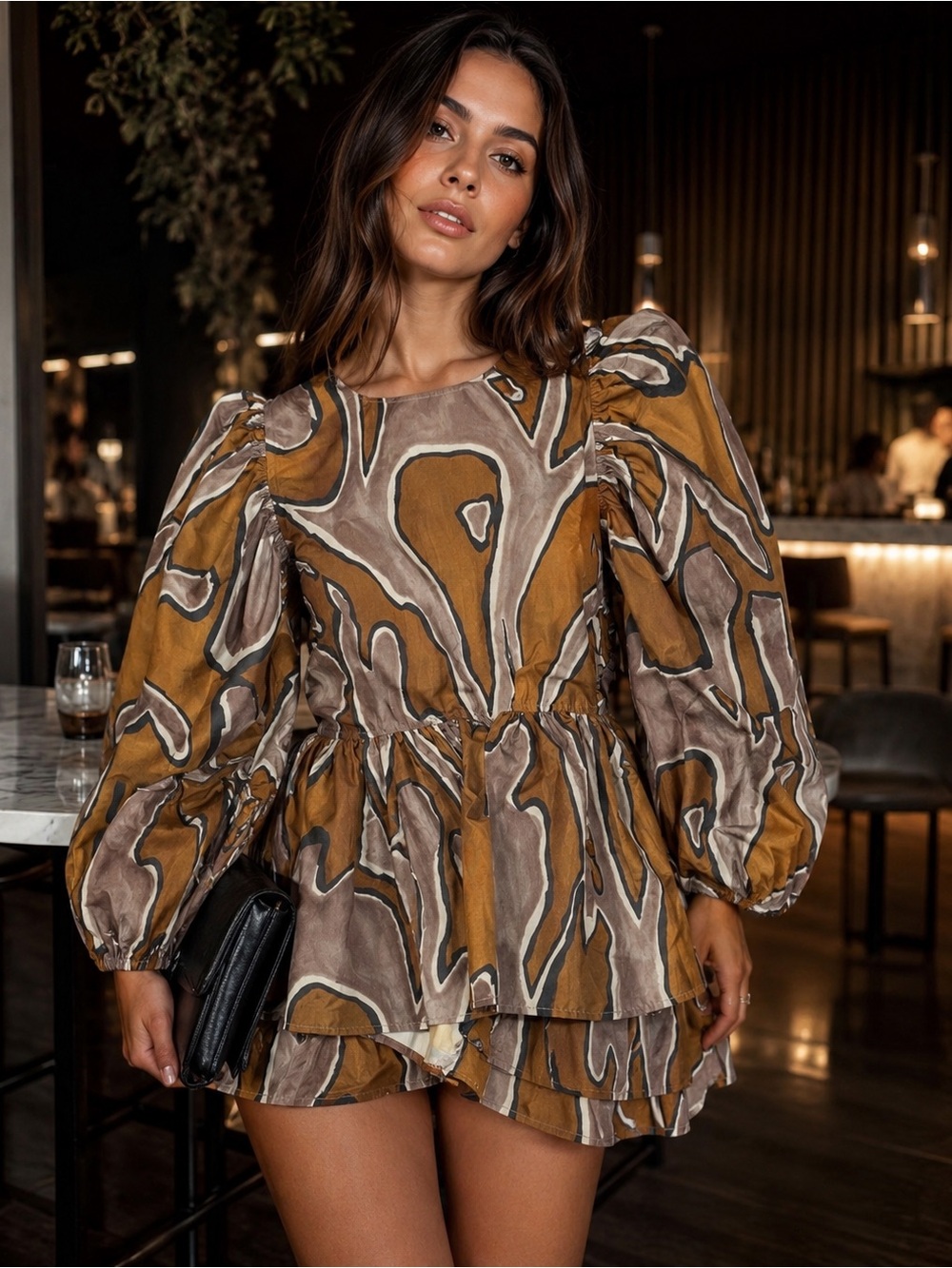 Staud Amber Abstract Print Puff-Sleeve Peplum Top